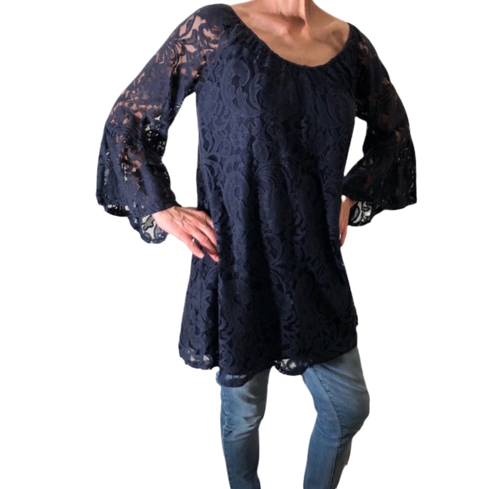 NWT Anthropologie Blu Pepper Navy Lace Tunic Dress Top Bell Sleeves Women L Boho - Picture 1 of 9